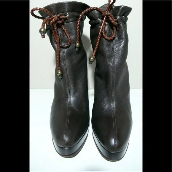 O L'AUTRE CHOSE Brown Leather Platform Heels Pull On Booties 37.5 - Picture 3 of 14